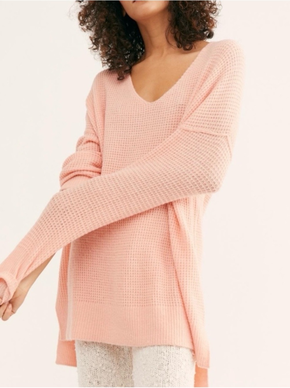 Free People Blush Pink V-Neck Waffle Knit Sweater